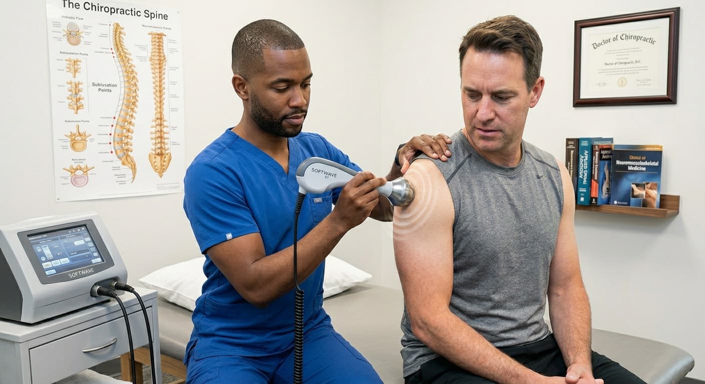 Shockwave therapy treatment being applied at Advanced Wellness Chiropractic in Bridgeton, MO