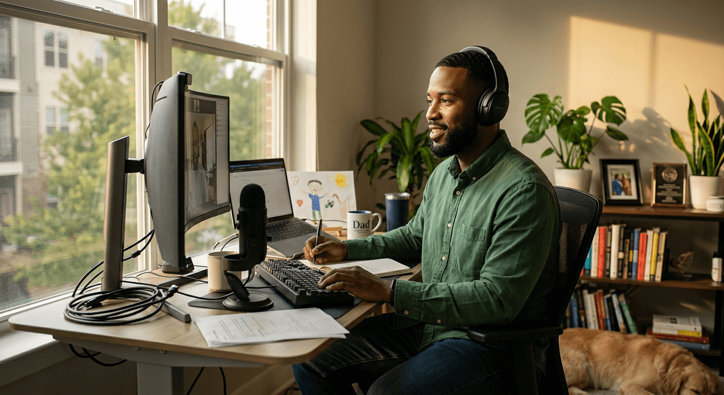 Person with back pain from working at home desk