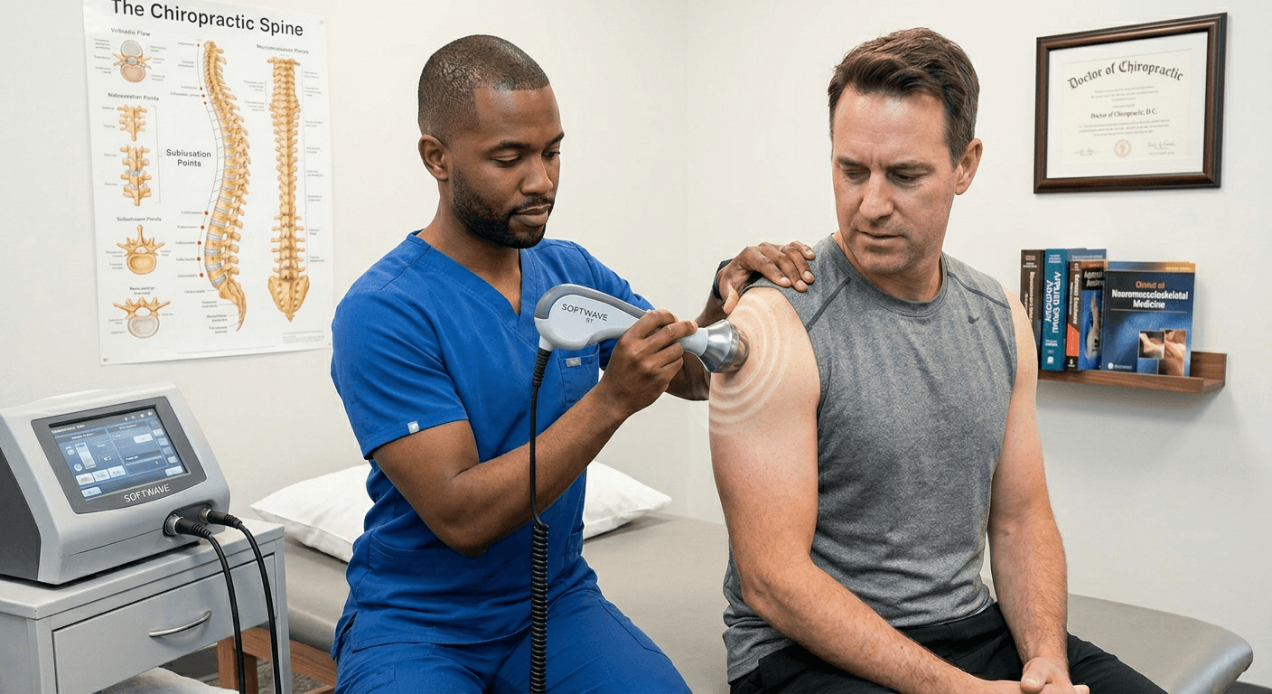 Dr. JC administering shockwave therapy for chronic shoulder pain at Advanced Wellness Chiropractic in Bridgeton, MO